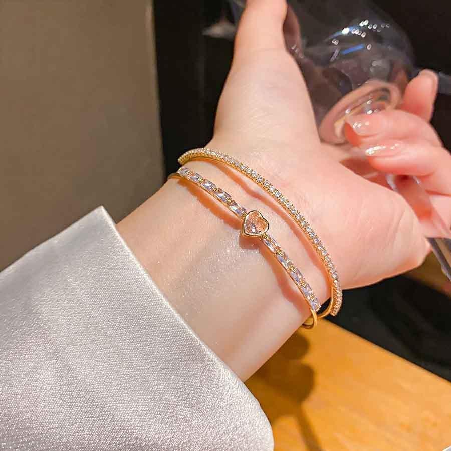 Love Heart Double Layer Zircon Bracelet With Gold And Pink Finish For Fashion Women Gold Pink