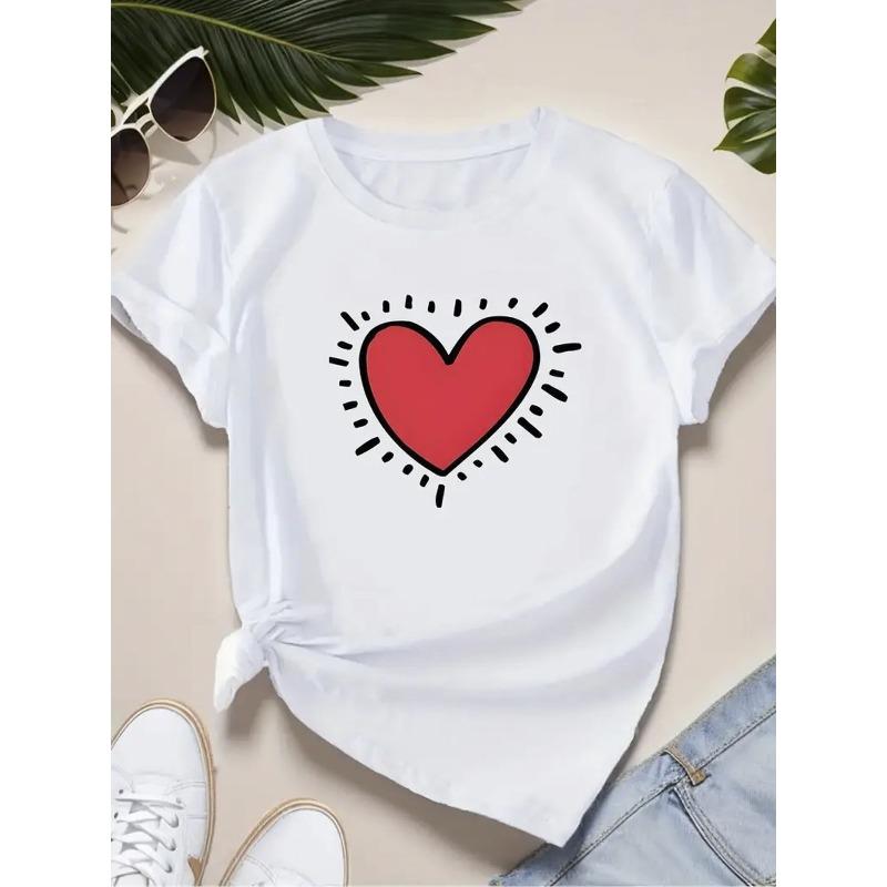 Женская белая футболка европейского размера с принтом красного сердца - Свободный крой оверсайз, круглый вырез, короткий рукав, дышащая, всесезонная, повседневная S белый