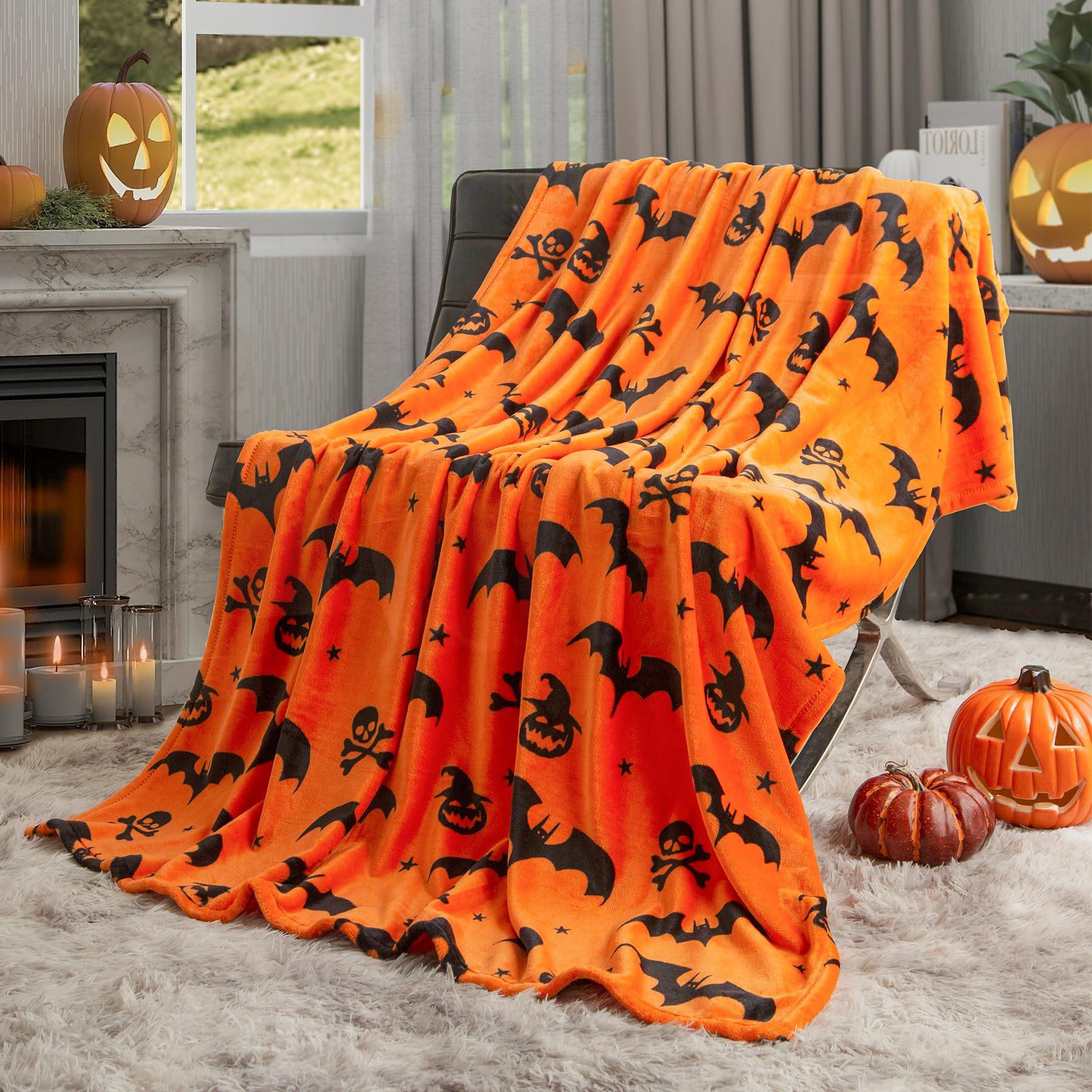 

1PC Halloween Throw Blanket Black Bat Pumpkin Ghost Skull Thin Blanket Gifts for Decor Couch Bed Car Home Camping All Season Blanket Nap Blanket 75*100cm