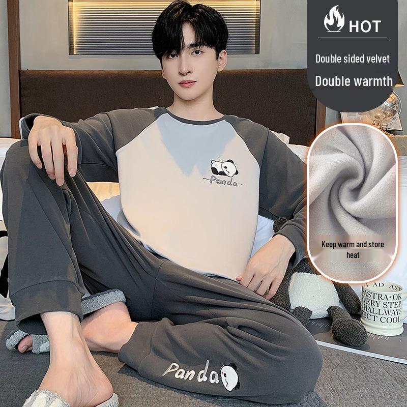 Men's Warm Velvet Pajamas - Casual Long-Sleeve Cartoon Print, Autumn/Winter, Loose Fit, Round Neck, Suitable for Teenagers and Children.