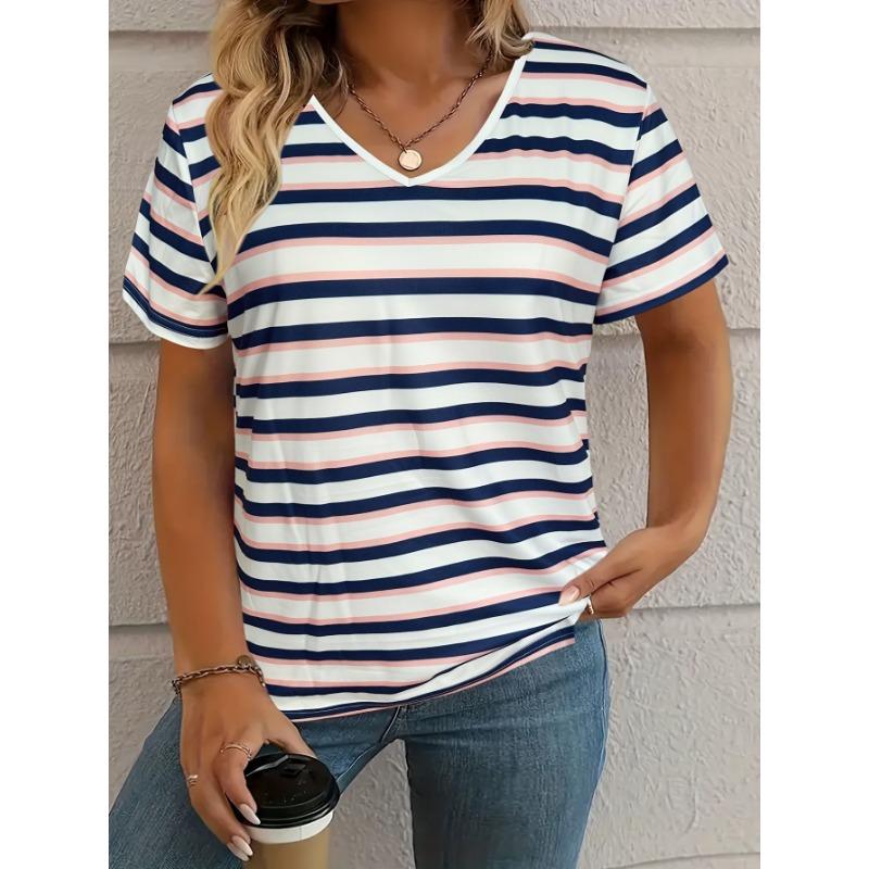 Fashion Colorful Stripe T-Shirts  Print New Women's Casual Short Sleeve V-Neck  Tees Harajuku Tops Female Clothing