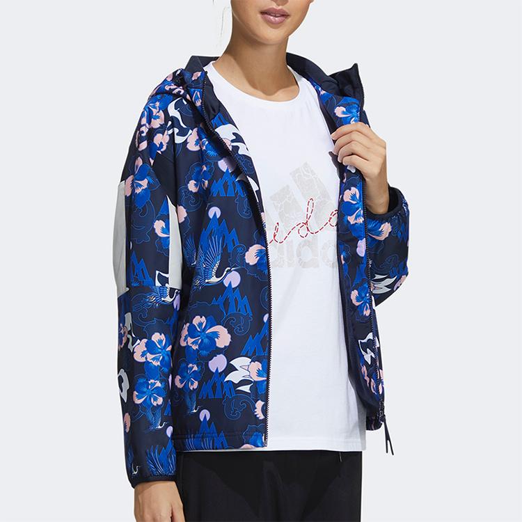 Adidas Aop Block Jacket Fleece Warm Casual Sports Hooded Jacket Women Jackets Blue GT6488