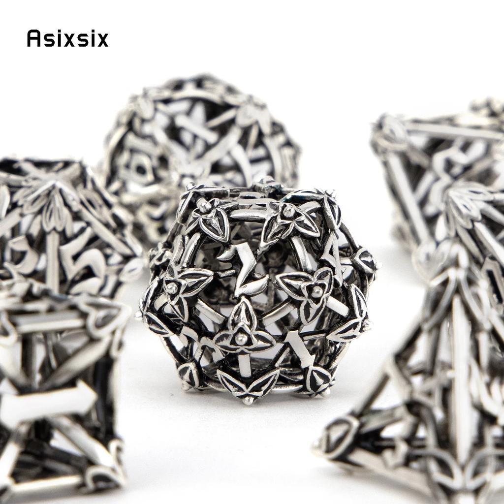7 Pcs White Leaf Flower Metal Dice Hollow Metal Polyhedral Dice Set Suitable For Role-Playing Dice PropBoard Game Gift