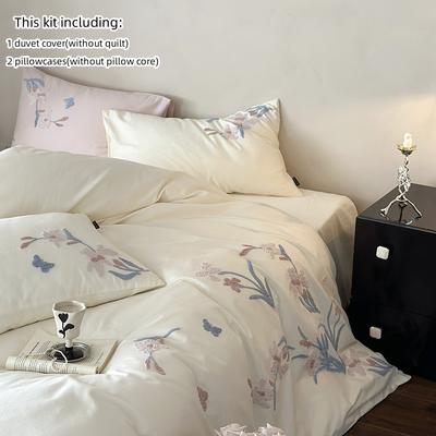3pcs Elegant Embroidered Orchid Duvet Cover Set (1*Duvet Cover + 2*Pillowcase, Without Core), Lace Embroidery Bedding Set