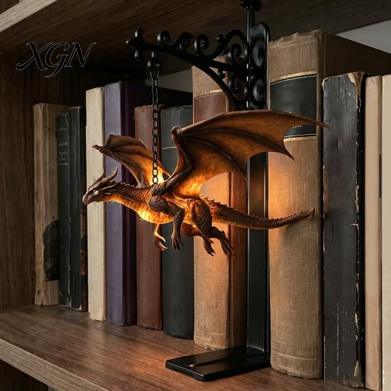 European Style Vintage Ornament Fantasy Dragon Bookshelf Lamp, Retro Flying Light, Iron Hanging Light Creative Bookend for Library Reading