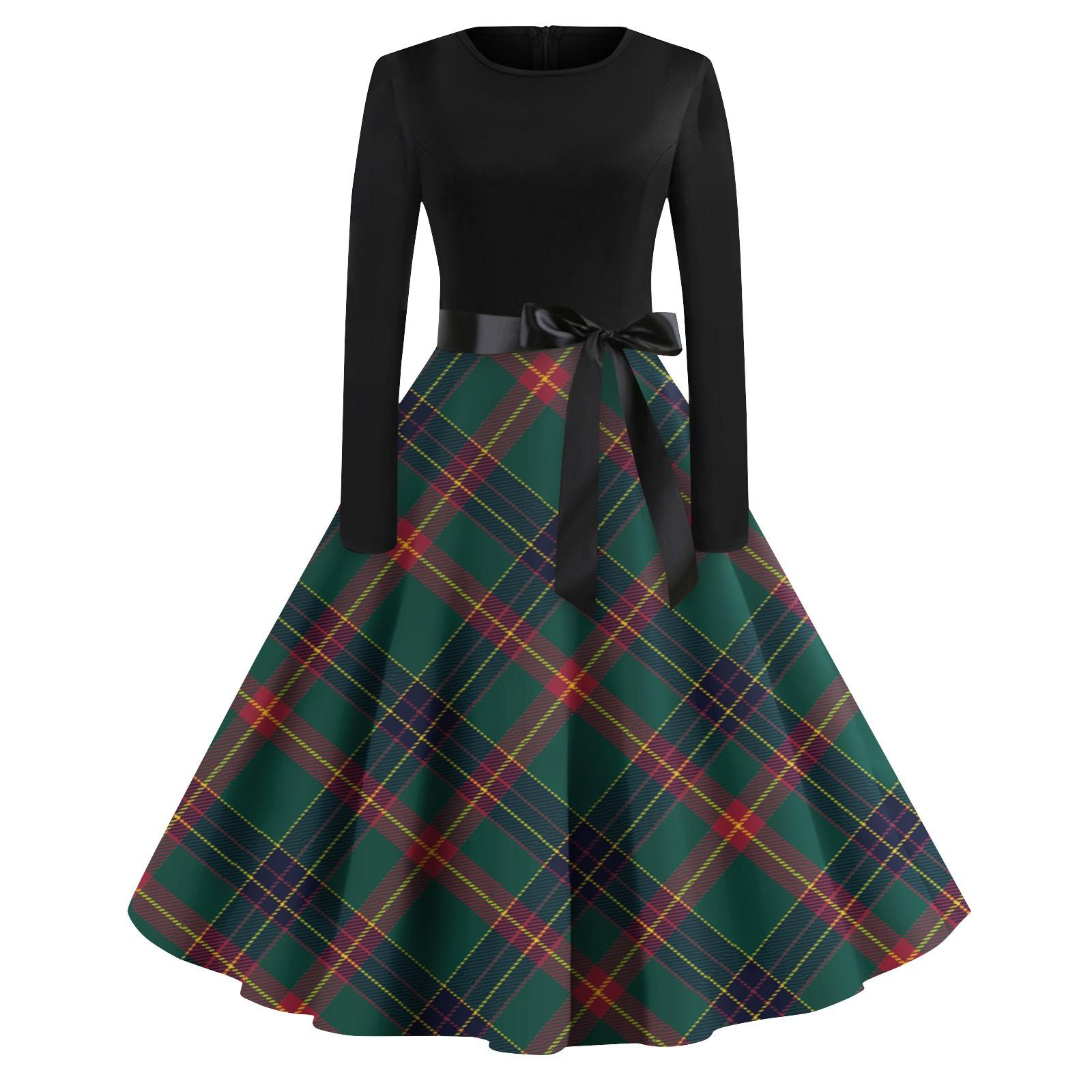 

Женские винтажные клетчатые платья с длинным рукавом и круглым вырезом больших размеров для выпускного вечера S