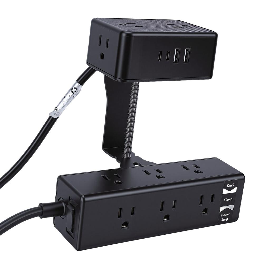 Dual Layer Desk Clamp Power Strip 12A 1500W 13 AC Outlets 2 USB A 2 USB C Ports Edges Mount Power Strip with 2m Cord