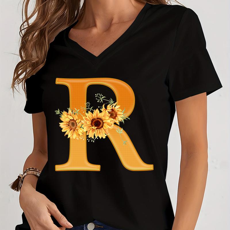 Unisexs Vneck Graphic Shirts Orange Az Alphabet Sunflowers Short Sleeves Harajuku Fashion Girl Casual Y2k Trend Tshirts Top