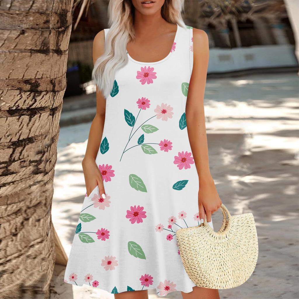 Women's Summer Floral High Waist Bohemian Dress Casual Hawaiian Flowing V Neck Holiday Dress