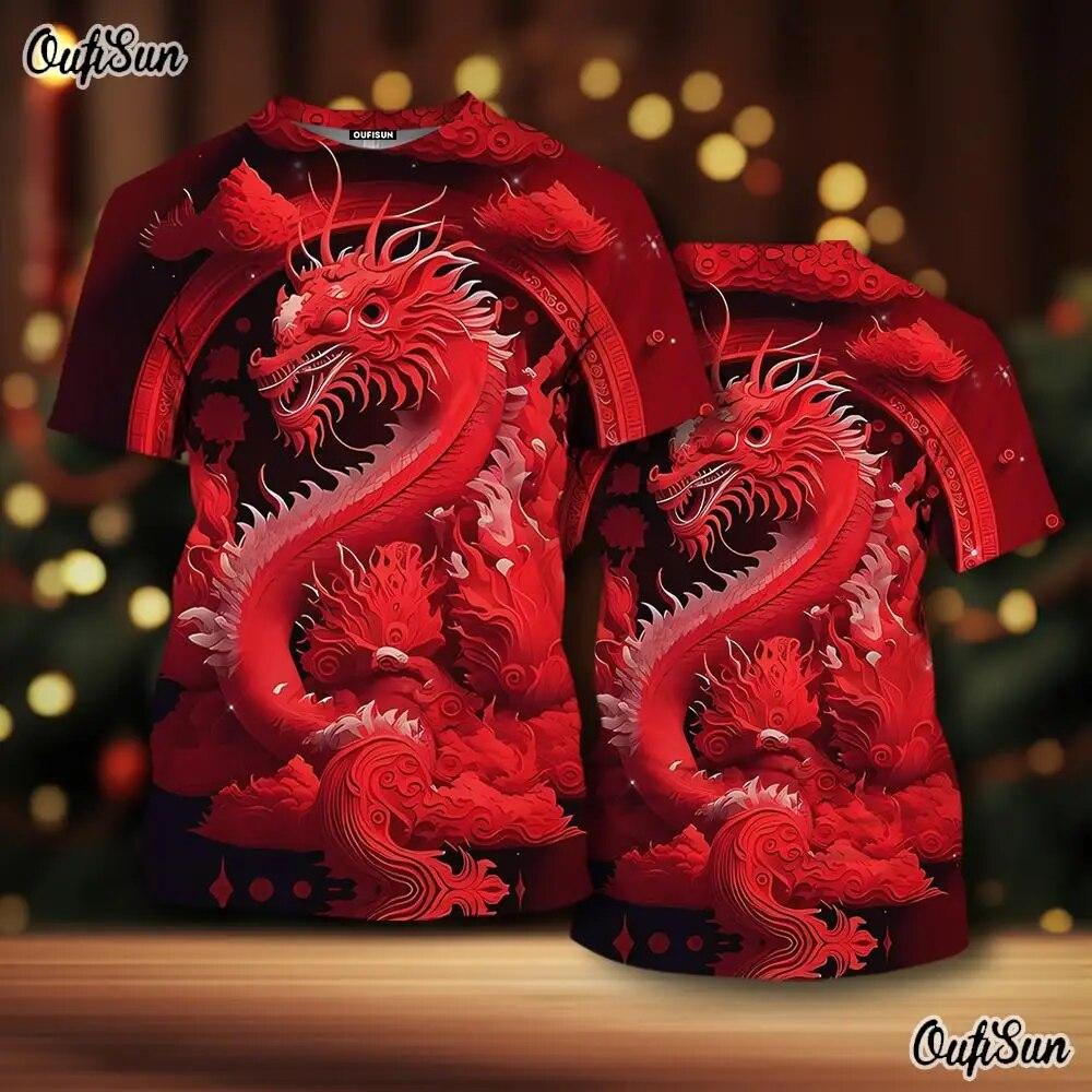2024 Neujahr Herren T-Shirt Drache 3D-Druck Tiermuster Herren T-Shirt Chinesisches Jahr des Drachen Kurzarm rote Tops