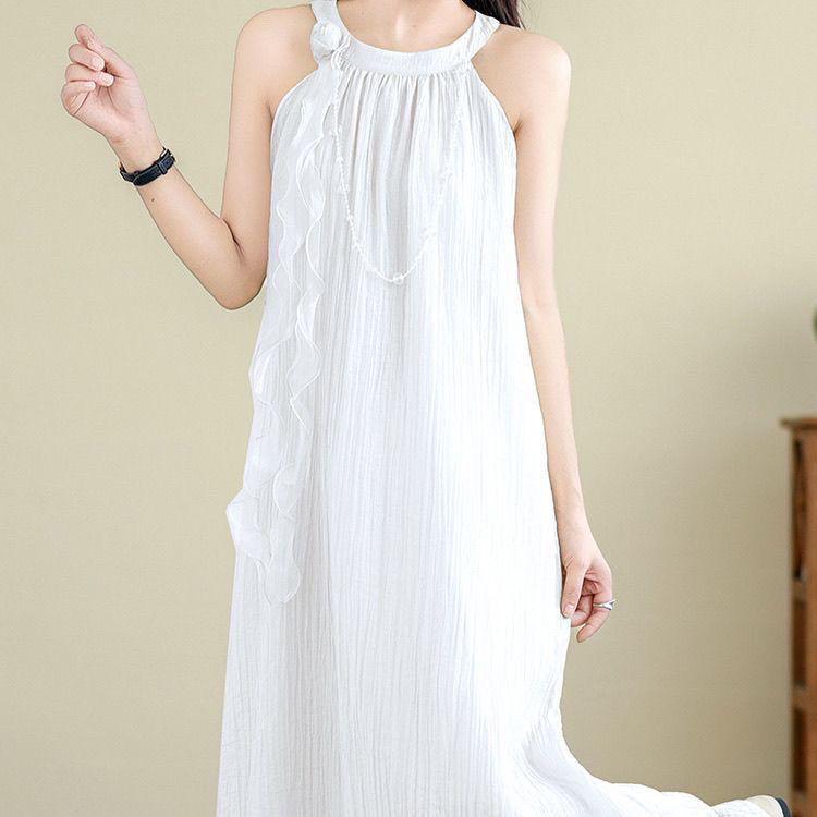 

French Resort Sleeveless Slimming Long Dress - Summer 2026, Cinched Waist L: 115-130 Jin білий