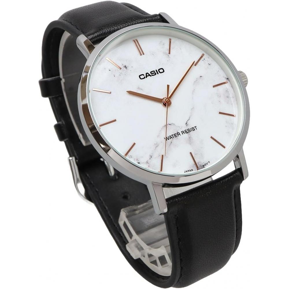 CaSio Men S Quartz Watch White Marble   Black Leather Mtp Vt01lm 7a