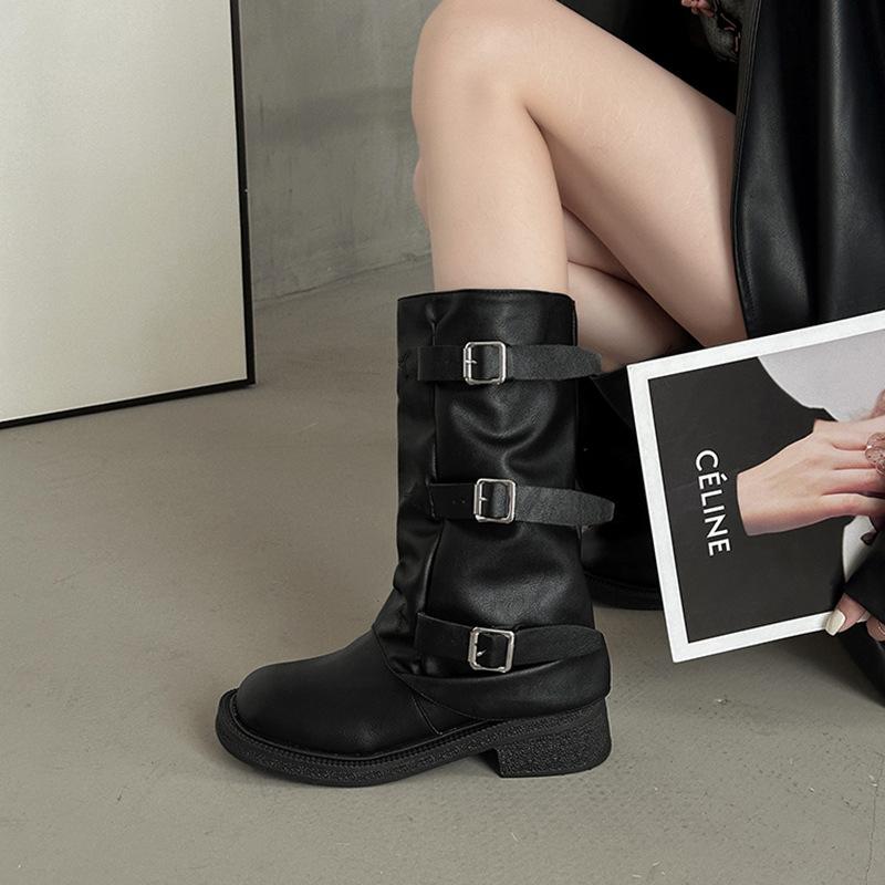 Thick-soled Trouser Tube Boots Women's Versatile Design Sense 2025 Autumn and Winter New Belt Buckle Medium Tube Stacking Boots Western Cowboy Boots