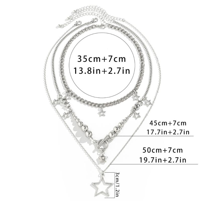 3pcs/set Layered Star Necklace Silver Hollow Star Pendant Neck Chain Fashion Neckwear Jewelry Gift for Women and Girls