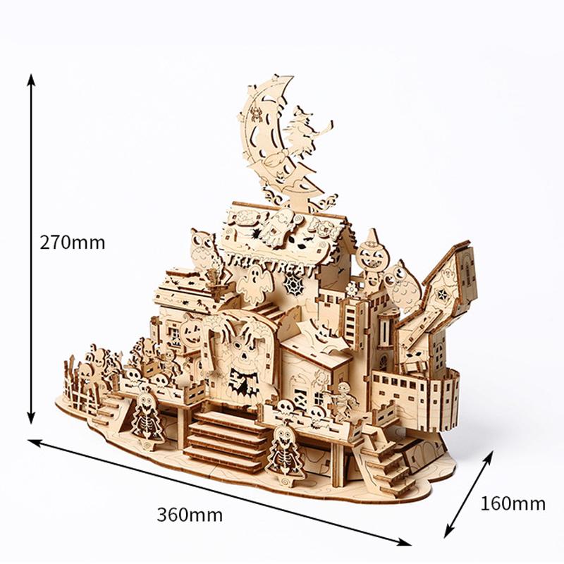 3D Halloween Haunted House Wooden Puzzle Ghost Tree with Light DIY Model Craft Kits Desk Decoration Toys Gift for Kids Adult