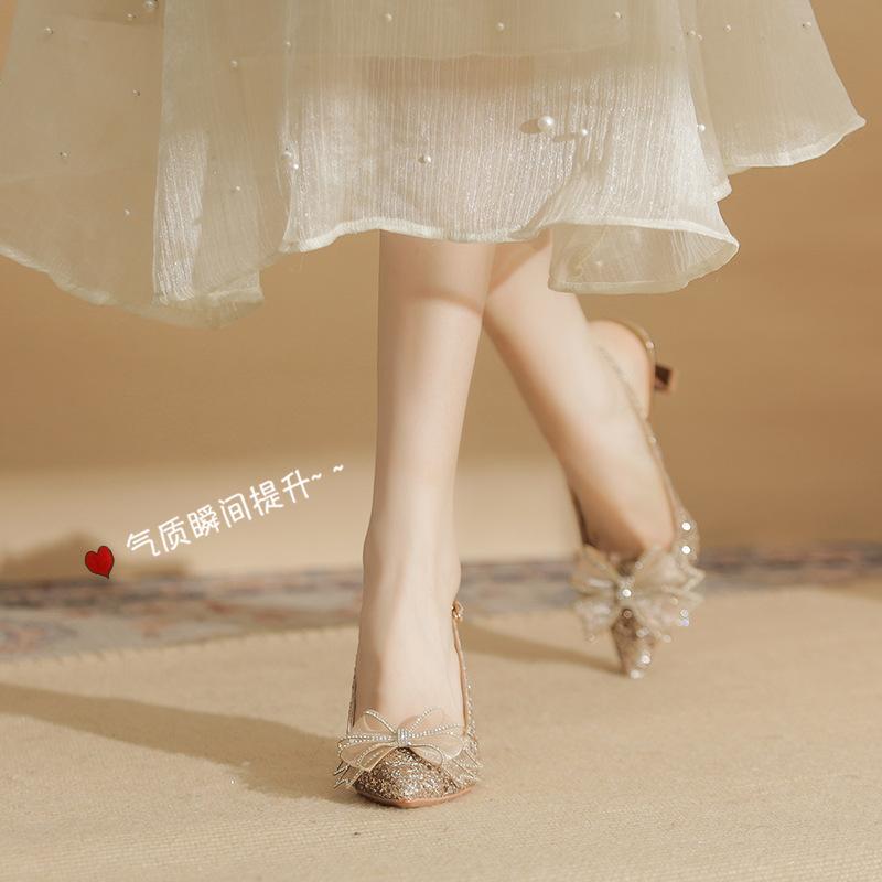 7521-1 [sheepskin] High-heeled Wedding Shoes Women's Thin Heels 2025 New Rear Empty Sandals Pointed Bow Single Shoes