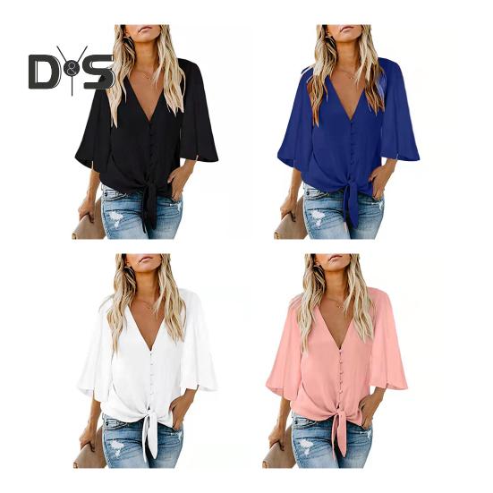 Women Summer Shirt V-neck Half Sleeve Buttons Placket Lace-up Shirt Tops Solid Color Loose Fit Commuting Style Shirt