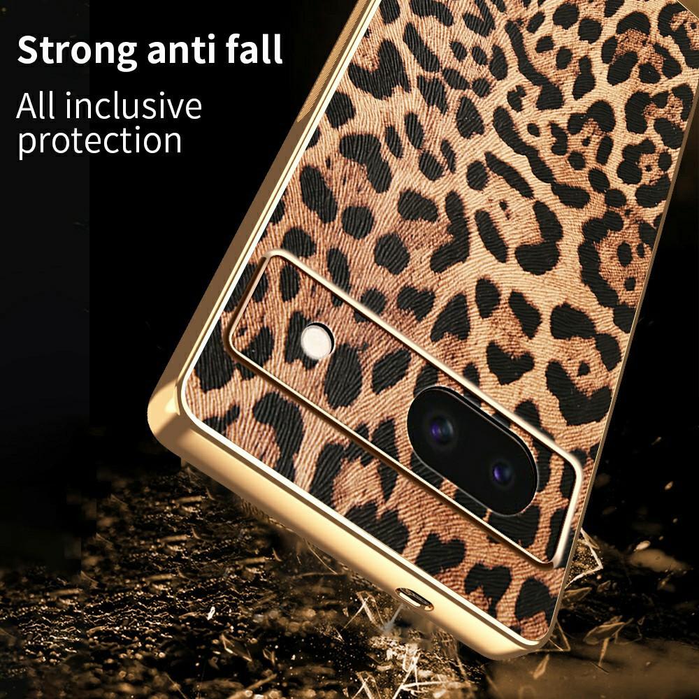 For Google Pixel 8a Case Leopard Print PU Leather Coated PC+TPU Electroplating Phone Cover