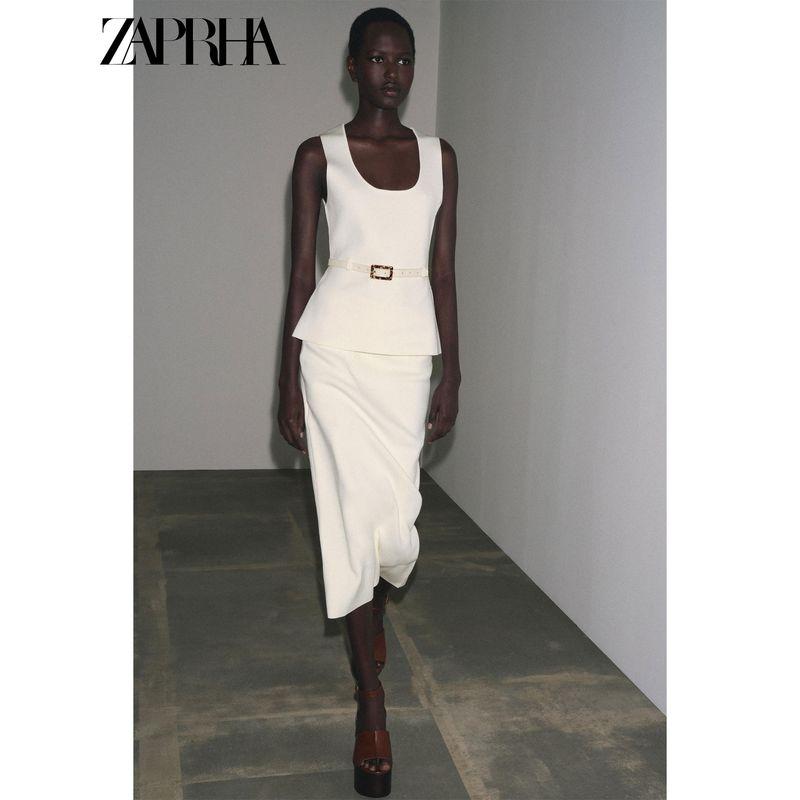 Zaprha 2025 Summer New Western Style Simple Hem Split All-Match Knitted Midi High-Waisted Skirt 4192063