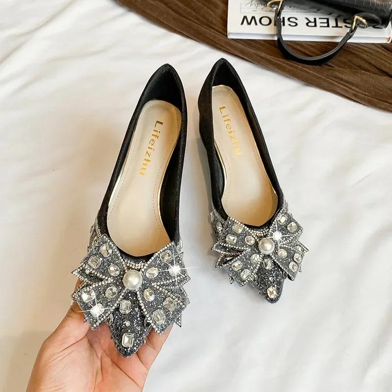 French Style Women Shoes Fashion Luxury Pumps Pointed Toe Rhinestone Bowknot High Heels Shoes Girl Dress Shoes