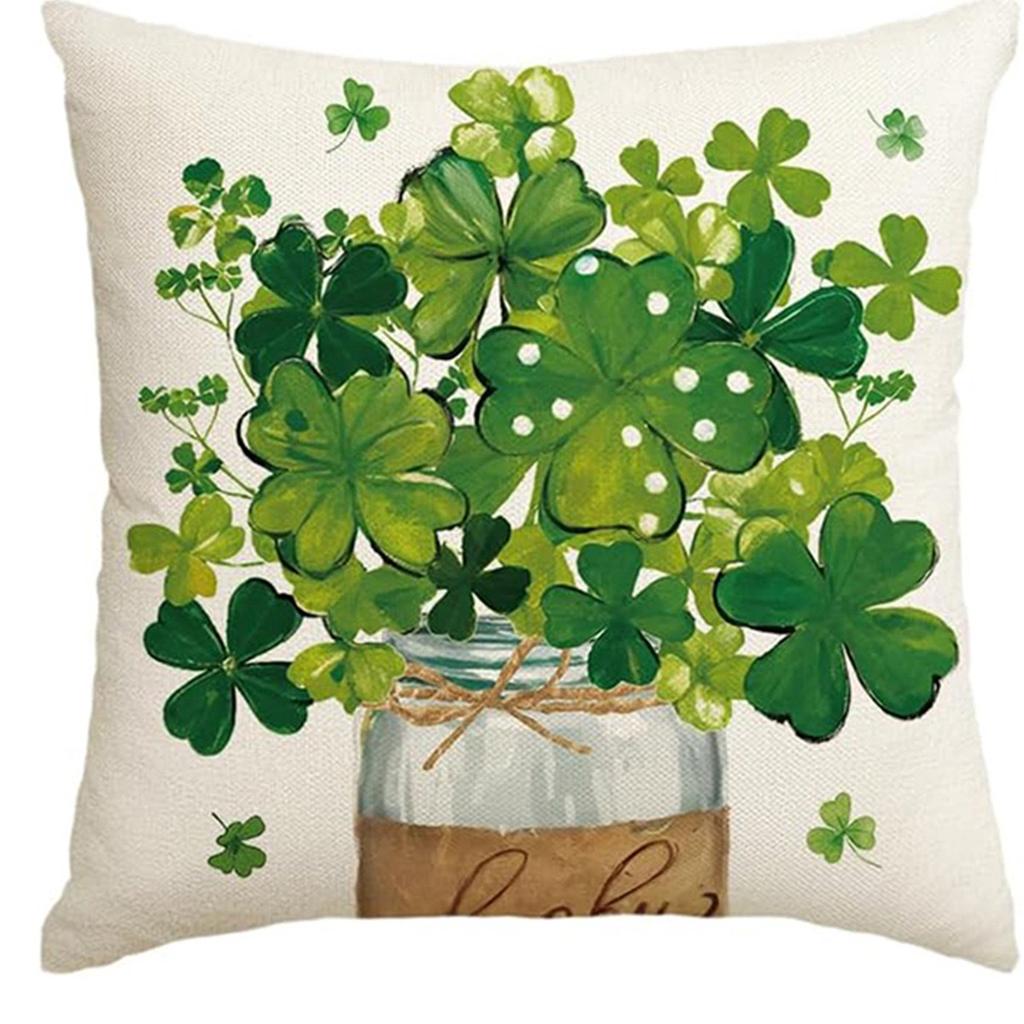 St. Patrick's Day Pillow Cover Line Printed Pillow Cover Green Four-leaf Crocodile Cushion Cover