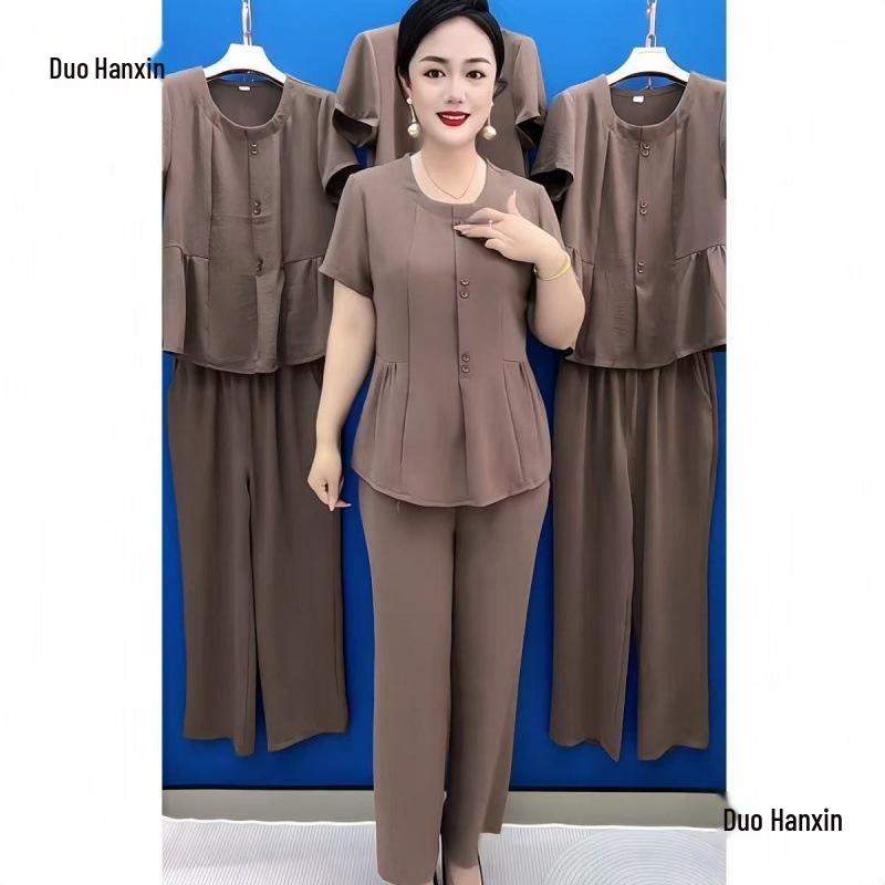 Elegant Summer 2026 Plus Size Ice Silk Two-Piece Set for Moms