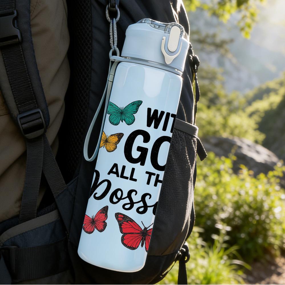 1PC With God All Things Quote Text 750ml Color Plastic Sports Water Bottle Leakproof Flip Straw Lid For Sports Office Home Use