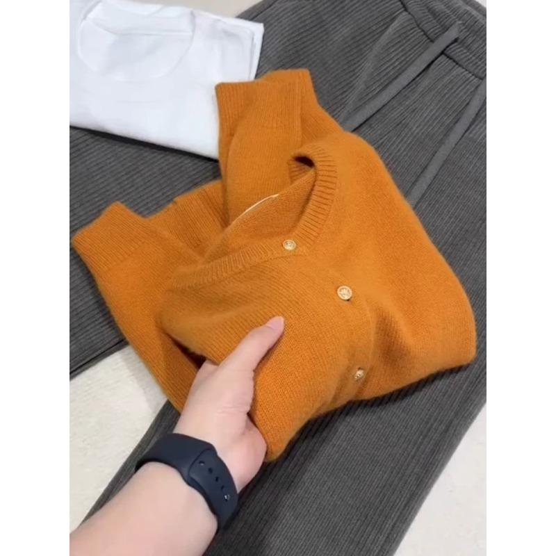 White raspberry powder small gold button knitted cardigan women's autumn and winter soft waxy thickened warm crew neck sweater jacket