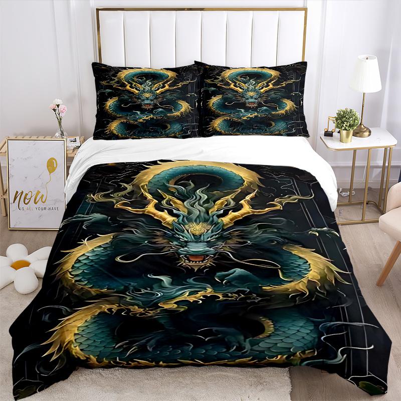 3pcs Dragon Fantasy Anime Cartoon Design Comforter Set with 1 Quilt Cover and 2 Pillowcases (No Core), Home Decor, Festival Gift, Polyester Fabric