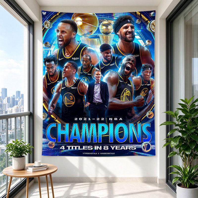 Golden State Warriors 2022 Champions Poster Blue Neon Trophy Curry Team Glow