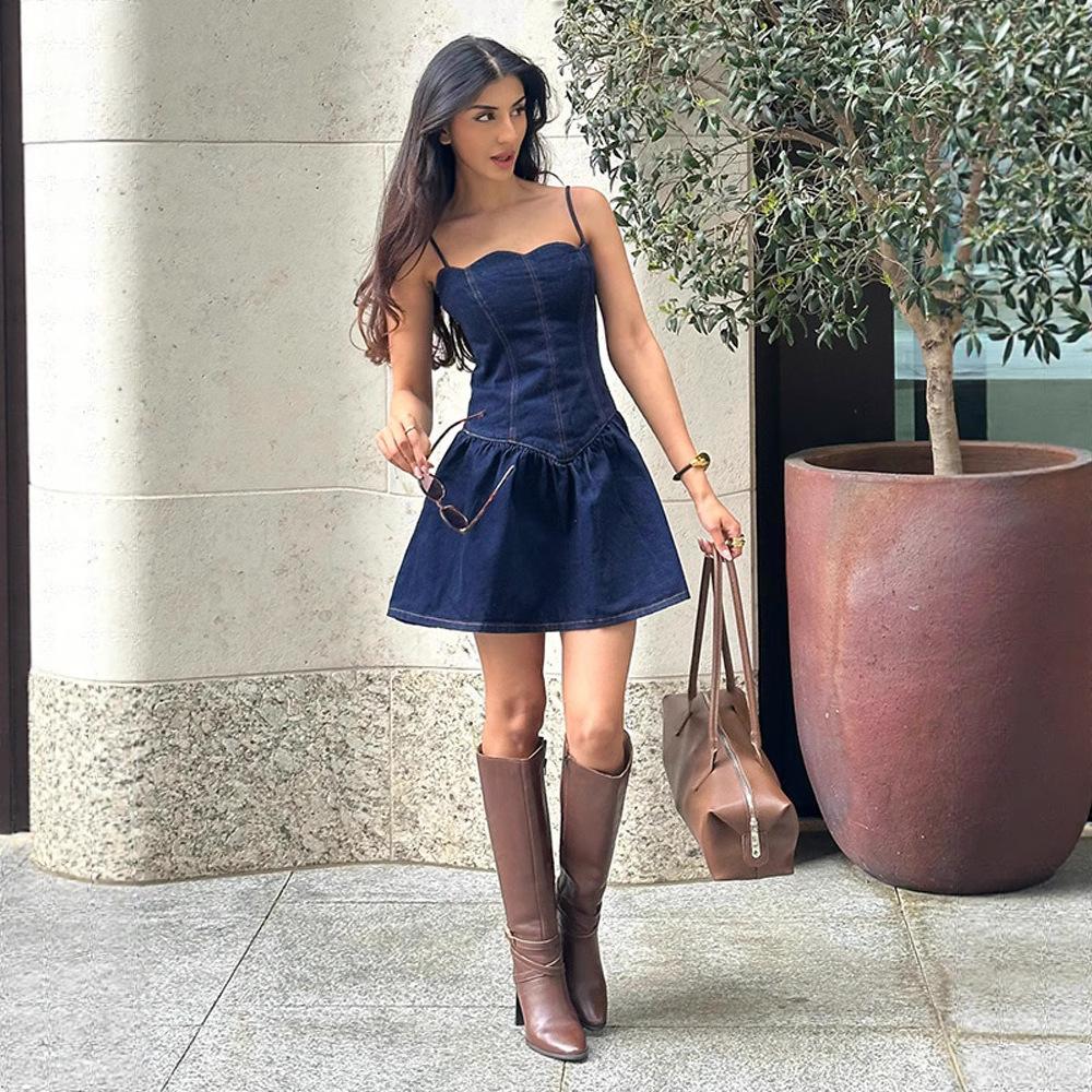 Verano nuevo denim cintura ballena moda delgado ajustado tirantes vestido falda corta