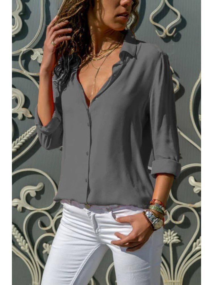 Women's Deep V Neck Long Sleeve Chiffon Shirt Solid Color Spring Summer Top