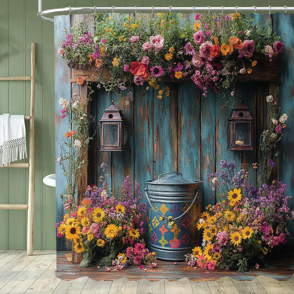 Cortina de Ducha Jardín Sereno - Con Ganchos, Vibrante Natural Rústico Patio y Flores Cortinas de Baño Decoración del Hogar Cortina