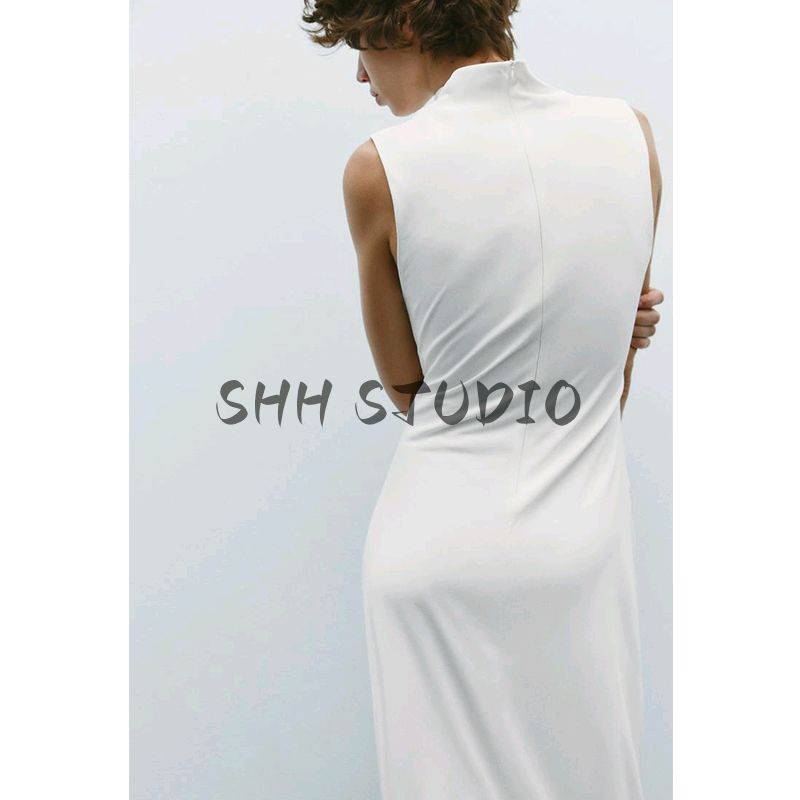 Spring New Women Clothes French Style Slim Fit Knitted Pleat Decorative Stand Collar Sleeveless Dress 4772345