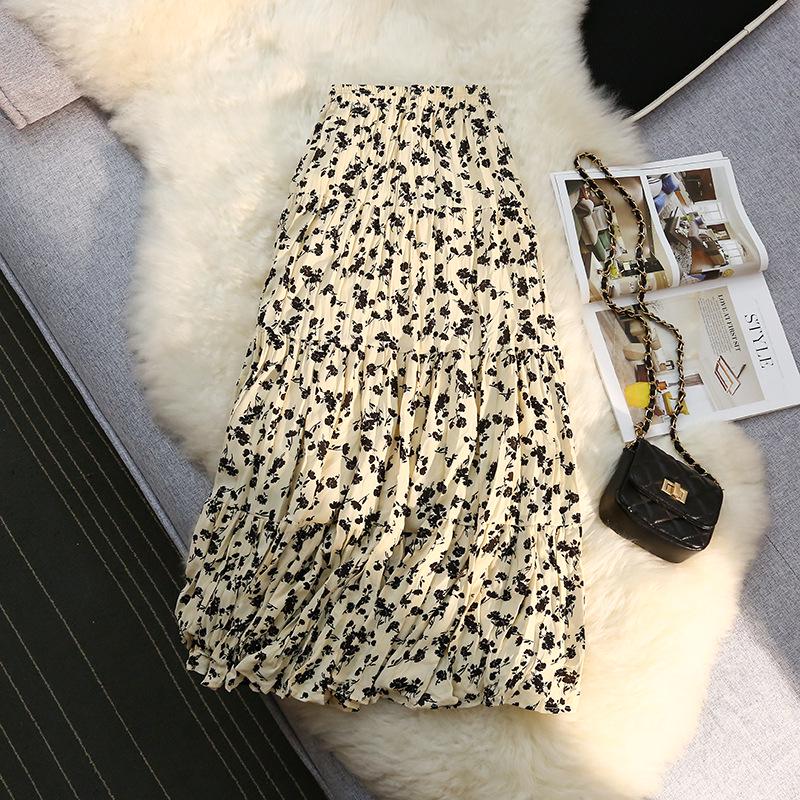 Spring 2024 Vintage Floral Pleated Midi Skirt for Women - High Waist, Draped, Trendy, Gentle Spring/Summer Mid-Length Skirt.