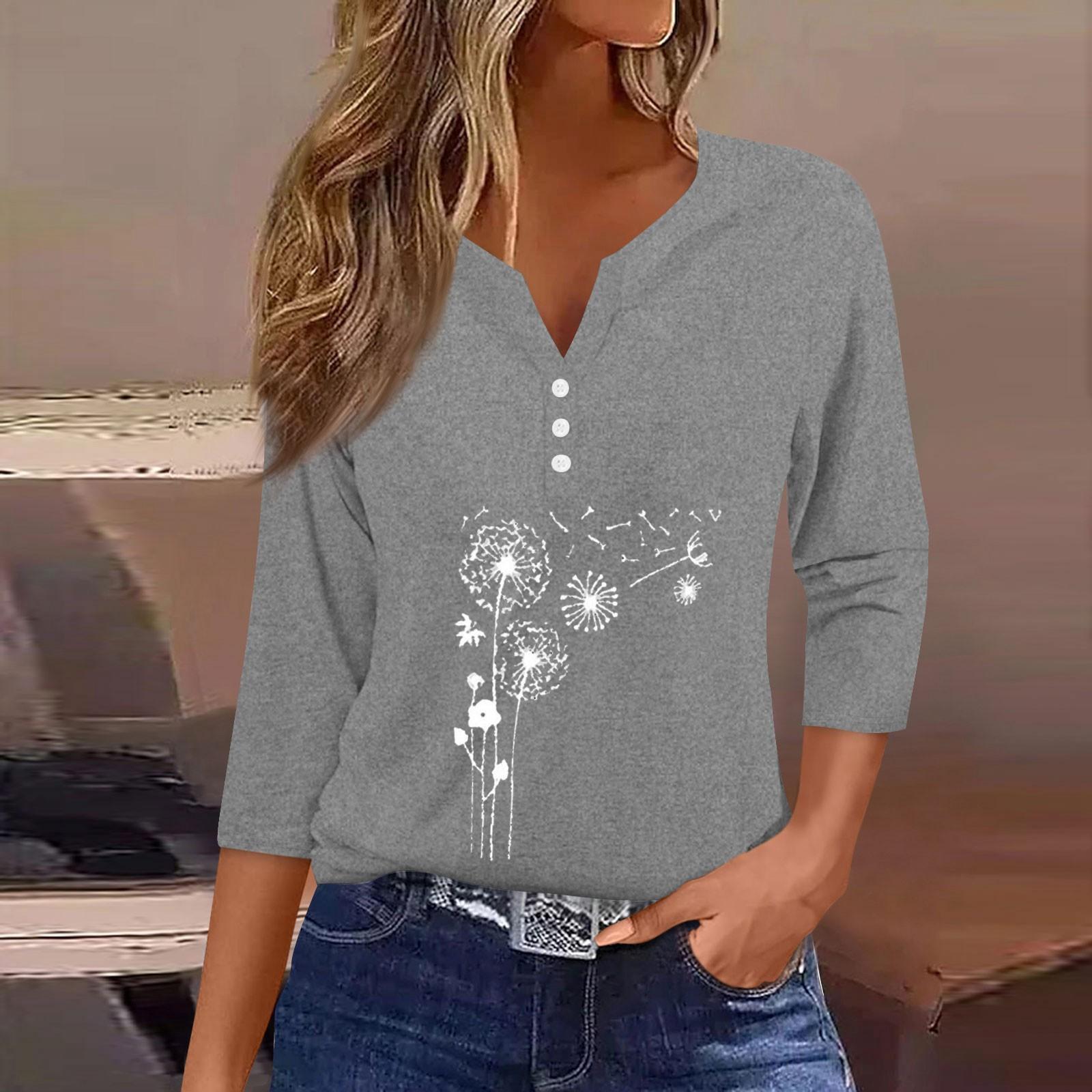 

Жен. Футболка Футболка С принтом Пуговицы Рукав 3/4Ежедневно Выходные Мода Классический Топ с v-образным вырезом Обычный M