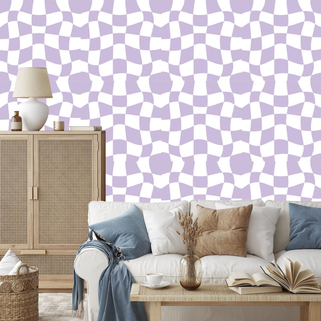 Wallpaper Casual Checkerboard White and Lavender 50x1000