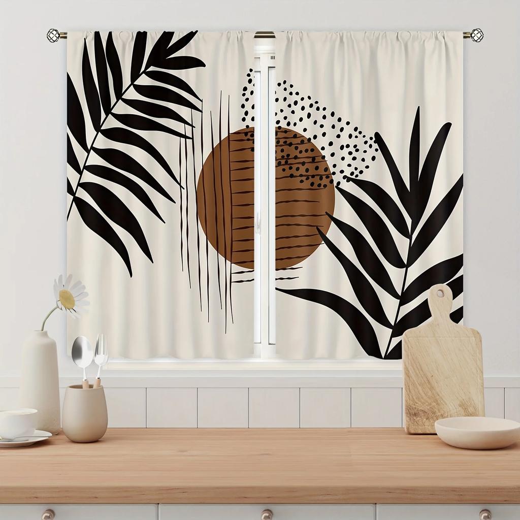 2 Stücke Boho Mid Century Modern Abstrakte Braune Blätter Küchenvorhänge Wohnzimmer Schlafzimmer Fenster Vorhänge Behandlung Heimdekoration