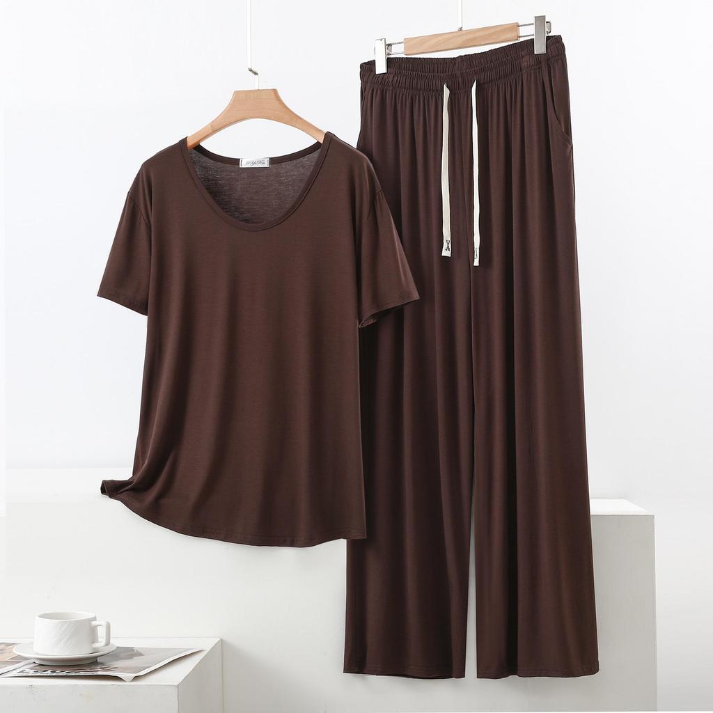Set Pigiama Estivo da Donna in Modal - Manica Corta, Pantaloni Lunghi a Gamba Larga, Taglie Forti, Abbigliamento Casual e da Esterno