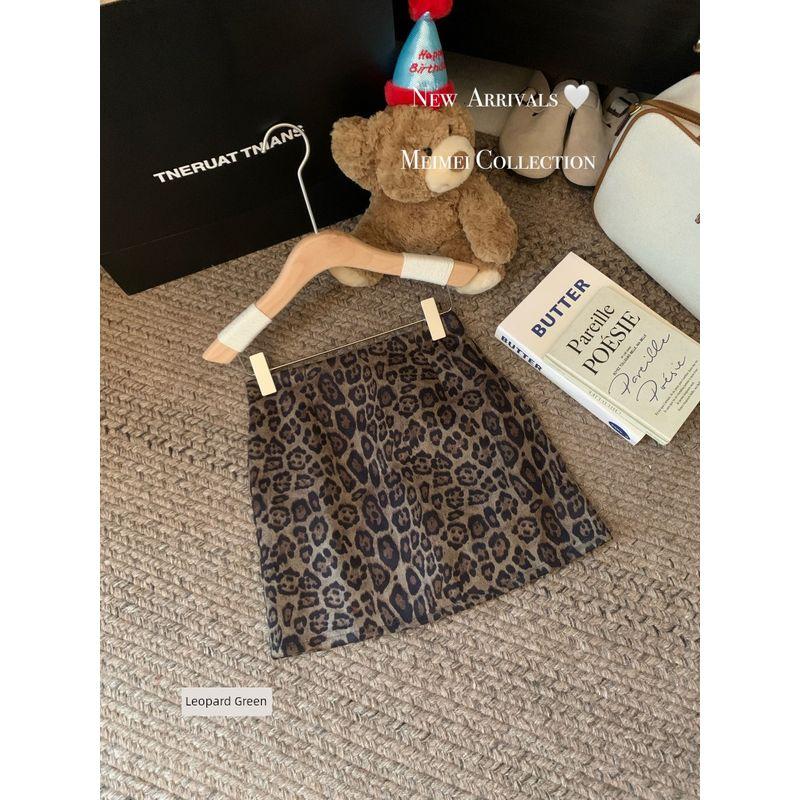 

Kumikumi Leopard Print Deerskin Velvet Skirt A- Line Skirt Women clothes Autumn Retro High Waist Anti-exposure Sheath Short dress Green Coffee Leopard Dress XL