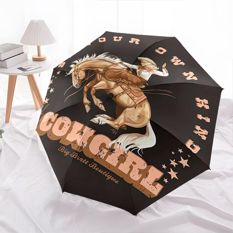 Cowgirl Automatic Folding Umbrella  Simple Eight Rib Design, Bright Color Pattern, Durable Iron Frame, Ideal for Travel and Outdoor, Beach a