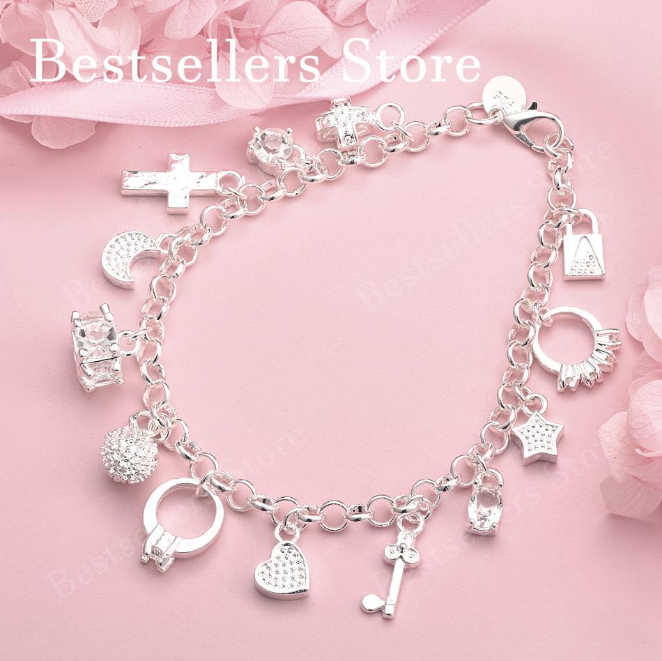 925 sterling silver 8-inch moon/cross/bag bracelet, fashionable women's wedding party jewelry accessories