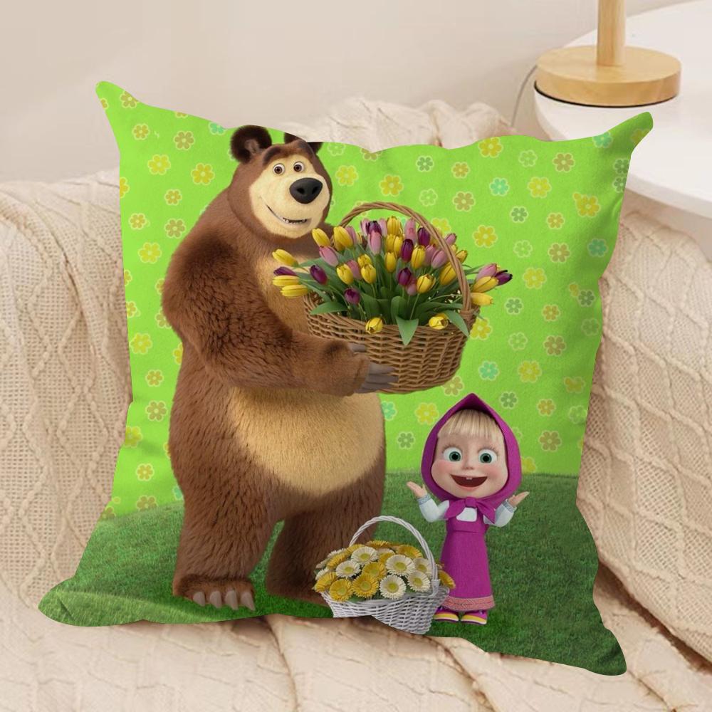 M-Masha And B-Bears Cushion Cover Silky Short Plush Double-Sided Printed Pillow Case For Sofa All Seasons Home Decor Gift