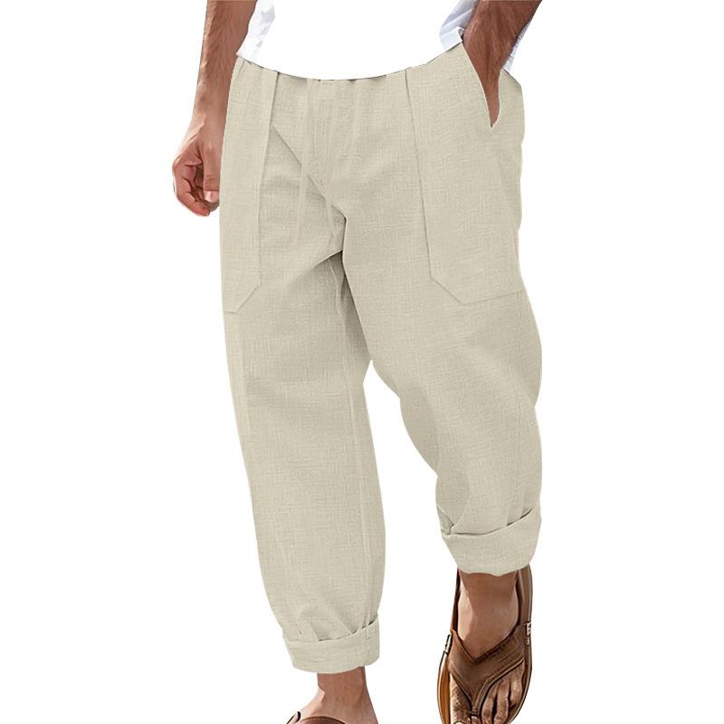 Men's cotton linen plus size trousers breathable sweat solid colour trousers basic paragraph casual wide-legged trousers man