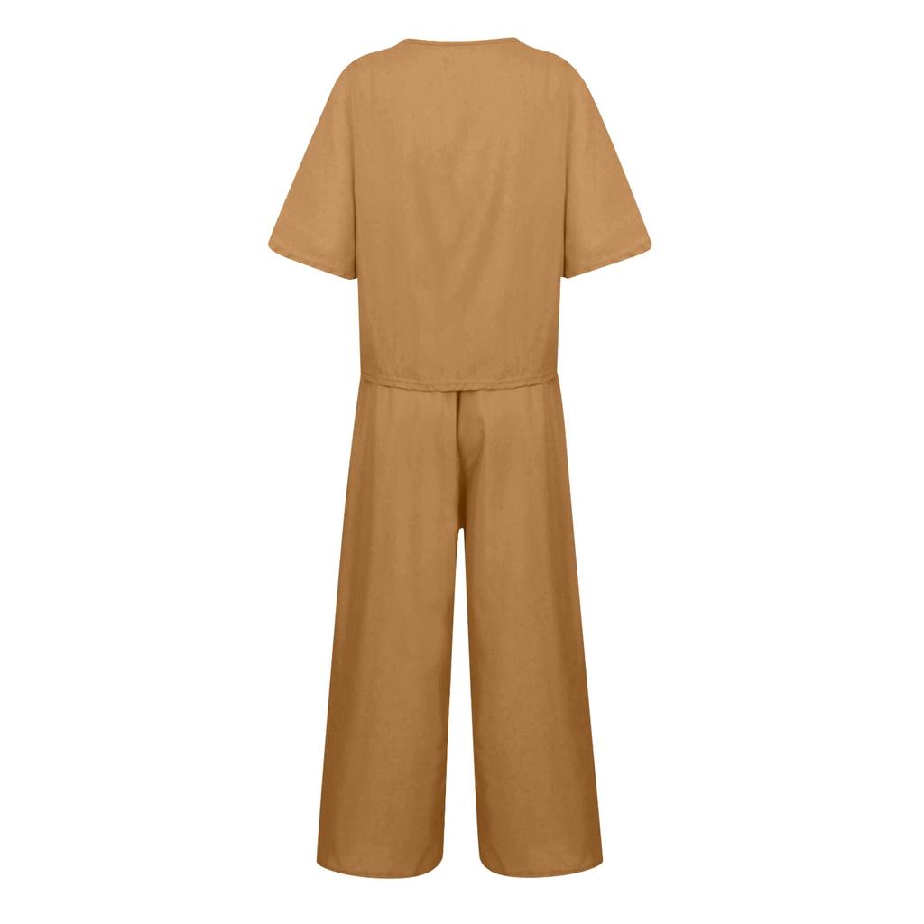 Women's Casual Fashion Sexy Long And Short Sleeve Pullover Shirt Round Neck Literary Retro Solid Color Casual Split Suit