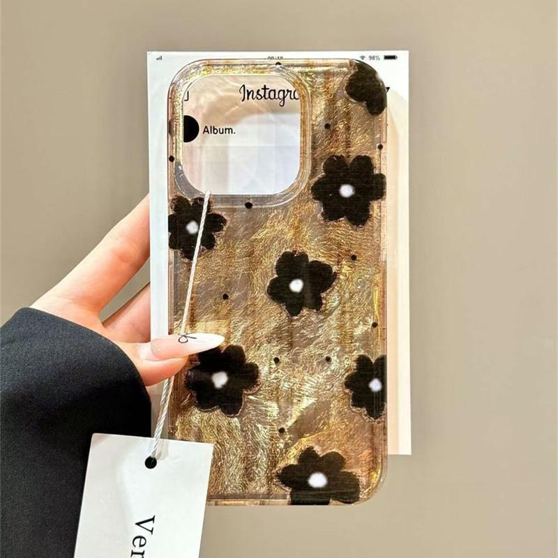 Retro Brown Black Spots Flowers Tinfoil Pattern Phone Cover Case for IPhone 16 16e 15 14 13 12 11 Pro Max 7 8 Plus X XR XS Cover