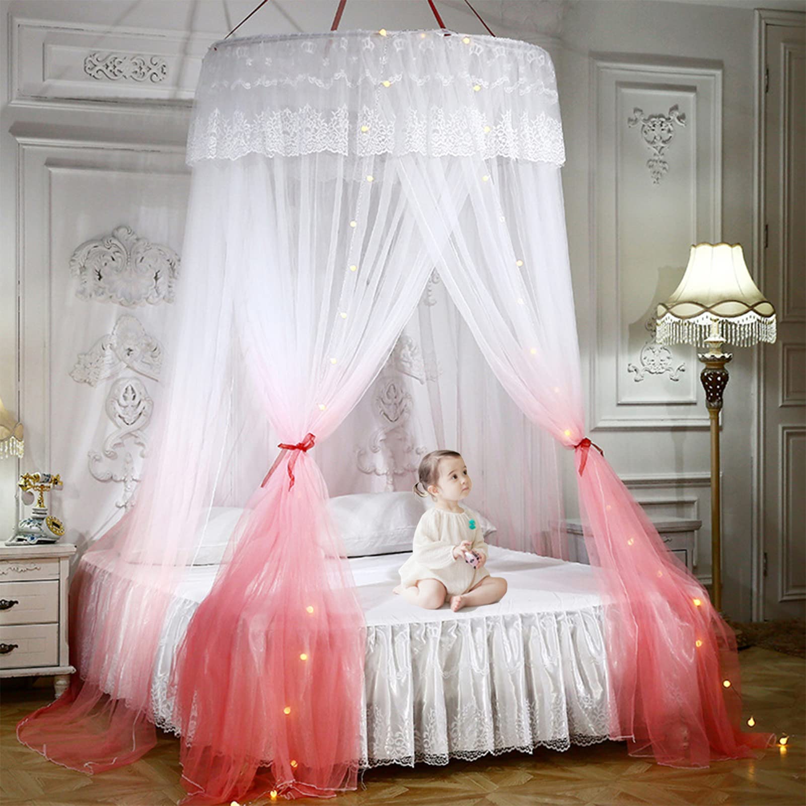 

Янвэн Москитный Подвесной Полог Москитная и Насекомая Круглая Москитная Сетка для Спальни Принцессы Татами Легкая Светодиодная Широкая Сетка, Занавеска, Защита, розовый