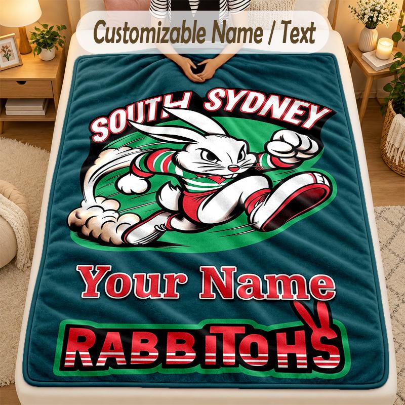 Flannel BlanketSouth Sydney Rabbitohs Custom Name Text Personalized Soft Warm Throw Blanket Home Decor Gift