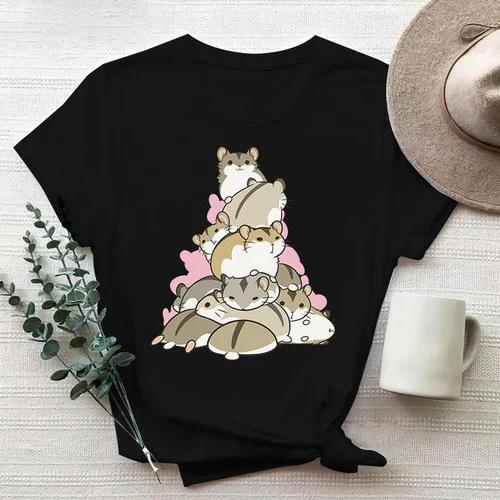 Cartoon Cute Hamster Cartoon Cute Hamster Baby Round Neck Big Size Round Neck Black T-shirt Woman Tops