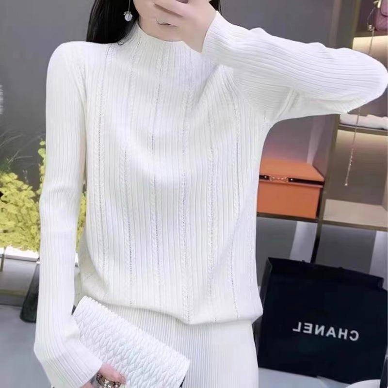 Autumn and Winter Women's Sweater with Drill Pit Strip Half Turtleneck Sweater Long Sleeve Pullover Sweater with Western Base for Women
